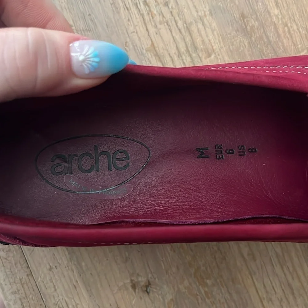 Arche Red Nubuck Leather Flats Loafers Size 8 Contrast Stitching